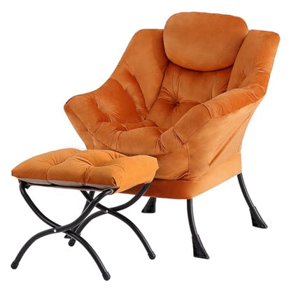 Tiita Lazy Chair with Ottoman, Comfy Reading Accent Chair, Velvet Orange - color: Orange