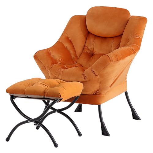 Tiita Lazy Chair with Ottoman, Comfy Reading Accent Chair, Velvet Orange - color: Orange