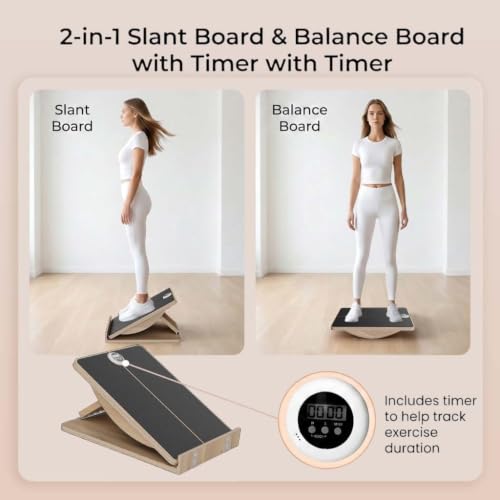 Slant Board for Exercise, 2-in-1 Balance Board & Calf Stretcher with Timer,Adjustable Wooden Squat Wedge with Anti-Slip Surface,Incline Board for Stretching & Blance Training