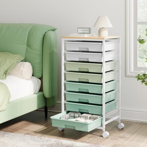 Storage Cart with 8 Drawers, Utility Cart with White Drawers and Wooden Tabletop, Craft Cart, Teacher Organization for Classroom, Storage Furniture, Office Organization, Green - color: Green