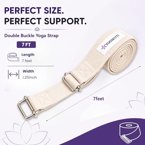 Yogikuti Double Buckle Yoga Strap - Adjustable Stretching Strap for Enhanced Flexibility in Yoga, Pilates, and Physical Therapy, Available in Various Colors and Lengths for All Fitness Levels - color: White