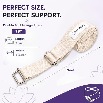 Yogikuti Double Buckle Yoga Strap - Adjustable Stretching Strap for Enhanced Flexibility in Yoga, Pilates, and Physical Therapy, Available in Various Colors and Lengths for All Fitness Levels - color: White