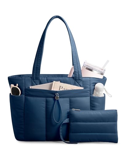 TOPDesign Puffy Tote Bag for Women with Cup Holder & Laptop Compartment & Cosmetic Bag & Trolley Sleeve for Work, Travel - color: Navy Blue, size: Large