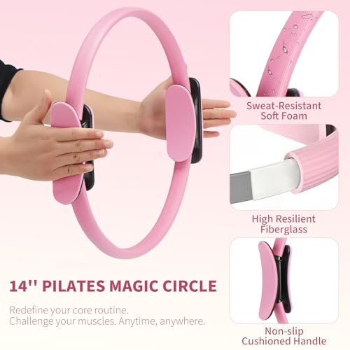 Pilates Ring Set for Women, Home Workout Pilates Equipment with Resistance Bands, 14'' Magic Circle, Mini Ball, Pilates Starter Kit for Strength - color: Pink