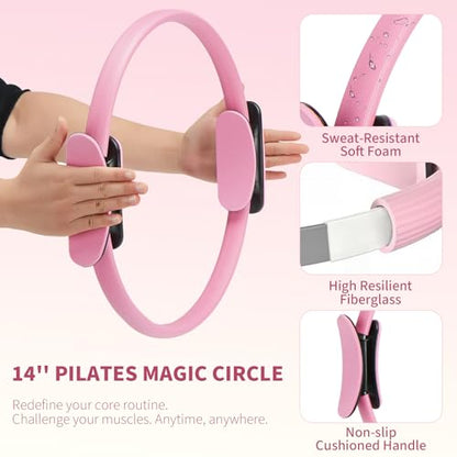 Pilates Ring Set for Women, Home Workout Pilates Equipment with Resistance Bands, 14'' Magic Circle, Mini Ball, Pilates Starter Kit for Strength - color: Pink