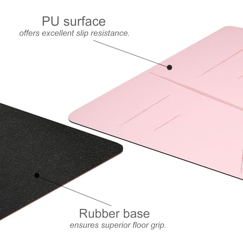 Natural Rubber Yoga Mat - Non Slip Non Toxic - 5mm Thick Yoga Mat for Hot Yoga/Pilates - Extra Large 26.8’’ with Alignment Guide - Sweat Proof - with Carrying Bag - color: Soft Rose