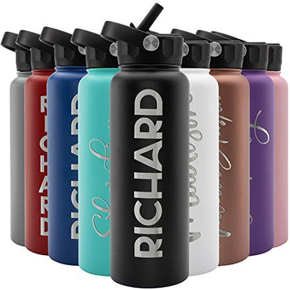 Amazing Items Personalized Water Bottle w/Straw & Lid, 40 oz - Black | Custom Large Stainless Steel Sports Water Bottle w/Name and Text - Double-Wall, Vacuum Insulated - Rotating Handle - color: Jet Black, size: 40 Ounces