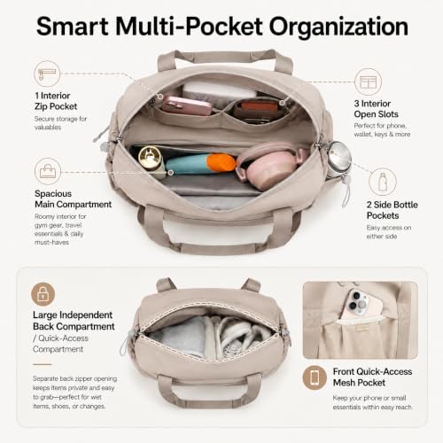 Small Mini Gym Bag for Women, Compact Duffle Overnight Bag - color: Khaki