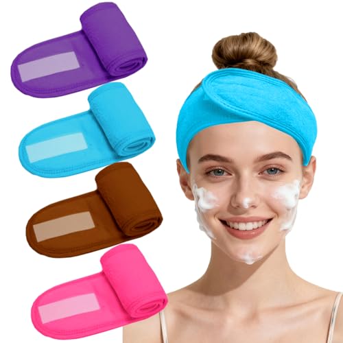 4 Pack Adjustable Makeup Headbands – Non-Slip Spa Facial Headband & Facial Hair Wrap, Adjustable Washable Towel for Shower, Yoga, Gym, Salon & Home Use (Fits All), HZFD-BA - color: Brown + Rose Red + Blue + Deep Purple
