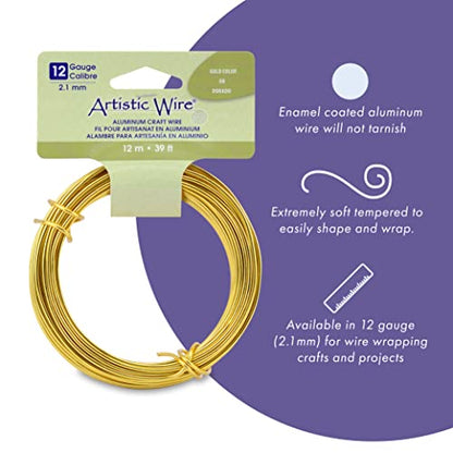 Artistic Wire Aluminum Craft Wire 12 Gauge 2.1mm | Bendable Jewelry Making & Sculpting | Soft Enamel Coated Metal | 39.3 ft 12 m Gold - color: Gold
