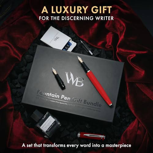 Wordsworth & Black Fountain Pen Gift Set, Medium & Extra Fine Nib, Red | For Men & Women, Brass Body, 18K German Iridium, Ink Bottle + 6 Cartridges, Converter, Writing & Calligraphy, Journaling - color: Red Chrome