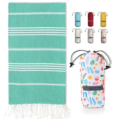 BAY LAUREL Turkish Beach Towel with Travel Bag 39 x 71 Quick Dry Sand Free Lightweight Large Oversized Towels Light - color: Green With Mix White