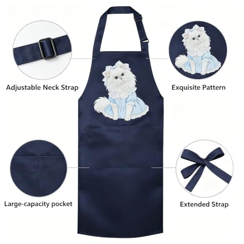 Unisex Cat Chef Apron, Adjustable Strap with Two Pockets | Thick waterproof fabric, machine washable. 27.5×31.5 in. Dual pockets for phones. Dual neck straps, long ties, cute cat print - color: Navy Blue