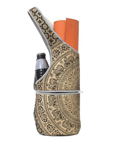 INDIAN CRAFT CASTLE Yoga Mat Bag | Tote Mat Bag | Sling Yoga Tote w/Large Side Pocket & Zipper Pocket | Yoga Mat Carrier Fits Most Size Mats - color: Gold Black Flower