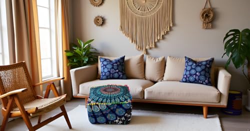 CRAFT KALA Indian Square Patchwork Traditional Pouf Cover Indian Living Room Pom Poufs Cover Decorative Designer Ottoman Home Living Footstool Chair Cover Ottoman Decor 16X16X14 inches, Blue Mirchi - color: Blue Mirchi, size: 16x16x14 inches
