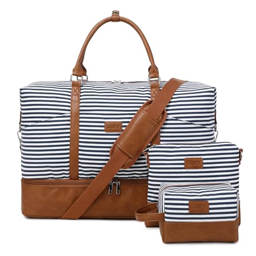 Weekender Bag, Large Travel Duffel Bag for Women, Carry on Overnight Bag with Shoe Compartment and Toiletry Bags - color: A-Blue-White