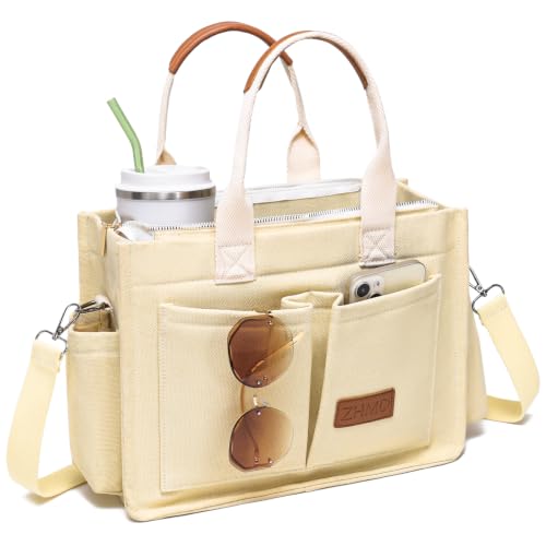 ZHMO Canvas Tote Bag for Women,Women's Bags Crossbody Bags Work Laptop Tote Bag Large Handbags Purse for Travel Nurse Teacher - color: New Upgrade Beige With Compartments and Side Cup Holders