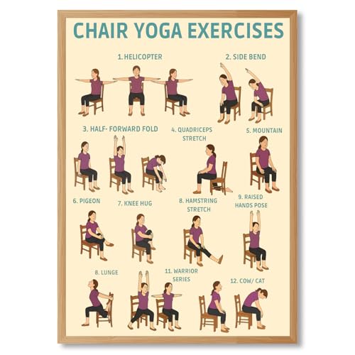 Balsuka Chair Yoga Exercises Poster Wellness Chart for Seniors Over 60 Senior Fitness Instruction Canvas Print Step-by-Step Seated Yoga Guide Wall Art for Home Gyms Office Decor 8x10inch Wooden frame - color: style-4 Wooden frame, size: 8"L x 10"W