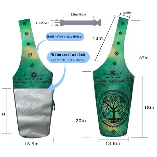 Yoga Mat Bag - Large Opening Long Tote Yoga Mat Carrier Holder Bag with Waterproof Wet Zipper Pocket and Drawstring Water Bottle Pocket - Yoga Bag Fit Most Size Mats - color: Tree of Life Green
