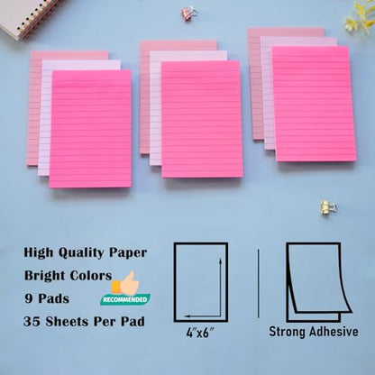 9 Pack Pastel Lined Sticky Notes 4X6 in Post and 9 Pack Pink Themed Colors Lined Sticky Notes with Lines 4X6 in Post