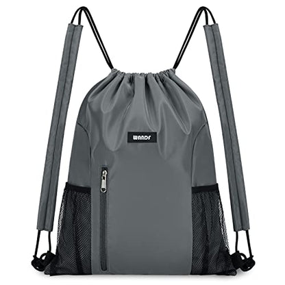 WANDF Drawstring Backpack, Gym String Bag with Shoulder Pad - color: M, Grey, size: Medium