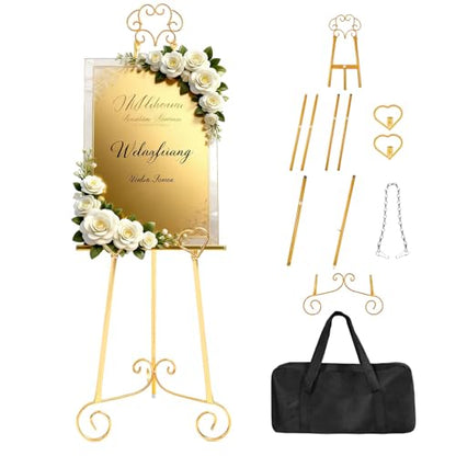 Gold Easel Stand for Sign,Heavy Duty Metal Adjustable Display Easel with Storage Bag,Perfect for Showcasing Pictures, Artwork, Picture Frame Wedding Sign Etc