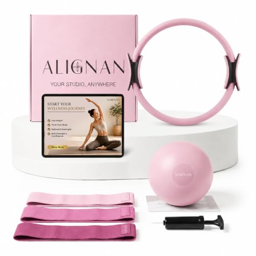 Pilates Kit for Home Workouts with 14” Pilates Ring, 8” Mini Pilates Ball, and 3-Piece Booty Band Set, Pilates Essentials Kit for Women with Guided Workout Video, Home Pilates Equipment - color: PINK
