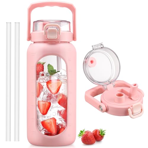 BLUEGO 64oz Glass Water Bottle with Handle and Straw, Motivational Sports Water Bottle with Time Marker and Silicone Sleeve Leakproof Drinking Bottle for Travel Gym Workout, Pink - color: Pink, size: 64 Ounces