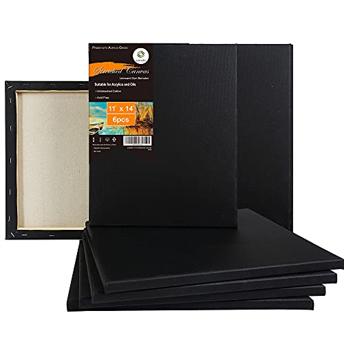 CONDA 11x14 inch Black Stretched Canvas, Pack of 6, 100% Cotton, 8 oz Gesso-Primed, 5/8 Inch Profile Value Bulk Pack for Acrylics, Oils Painting - size: 11"x14" 6 Pack