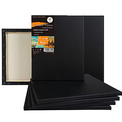 CONDA 11x14 inch Black Stretched Canvas, Pack of 6, 100% Cotton, 8 oz Gesso-Primed, 5/8 Inch Profile Value Bulk Pack for Acrylics, Oils Painting - size: 11"x14" 6 Pack