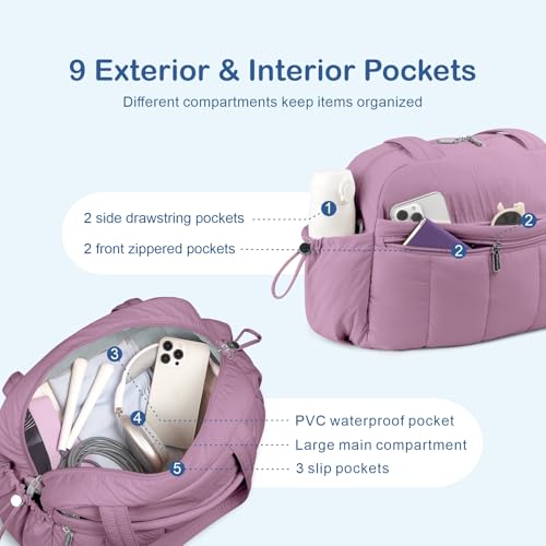 TOPDesign Travel Duffel Bag for Women, Puffer Gym Bag Sports Tote with Wet Pocket, Carry On Weekender with Luggage Sleeve (Purple) - color: Purple