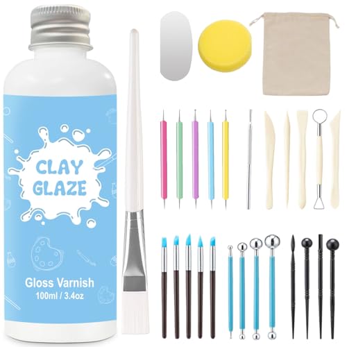 EIGTWEN 100ml Air Dry Clay Glaze and 29pcs Clay Tools Kit, Gloss Varnish | Gloss Glaze, Waterproof,Prevents Clay Scratches & Wear, Air Dry Clay Tool,Dotting Tools,Ball Tools,Carving Tools,Shaper Tools - size: Gloss