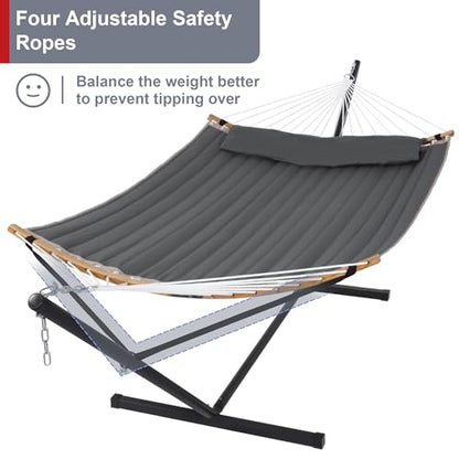 Heavy Duty Hammock with 12FT Stand, Double Hammock, Dark Gray | Large Hammock with Curved Spreader Bar, Pillow, Safety Ropes and Portable Carring Bag, Patio Hammock for Outside, Max 450 Lbs - color: Dark Gray