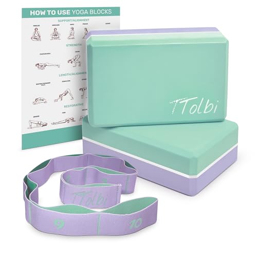 Yoga Blocks 2 Pack with Strap and Guide – Soft Non-Slip EVA Foam Blocks | High-Density Pilates Blocks for Home Workouts, Dance, Ballet, Gymnastics & Stretching Exercise, Dance Accessories and Gifts - color: Mint/Purple & Stretch Band Purple