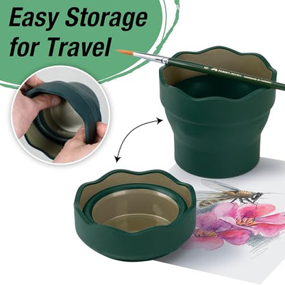 Faber-Castell Clic & Go Artist Water Cup, Dark Green - Travel-Friendly Collapsible Brush Cleaner Tool with Brush Stand, Scalloped Rim, Non-Slip Base, Portable Palette & Rinser - size: 1 Count (Pack of 1), style: Dark Green