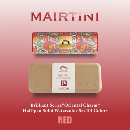 Mairtini Academy Grade Brilliant Series “Oriental Charm” Half-pan Solid Watercolor Paint 24 Colors Set with Red Iron Case