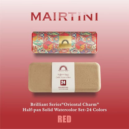 Mairtini Academy Grade Brilliant Series “Oriental Charm” Half-pan Solid Watercolor Paint 24 Colors Set with Red Iron Case