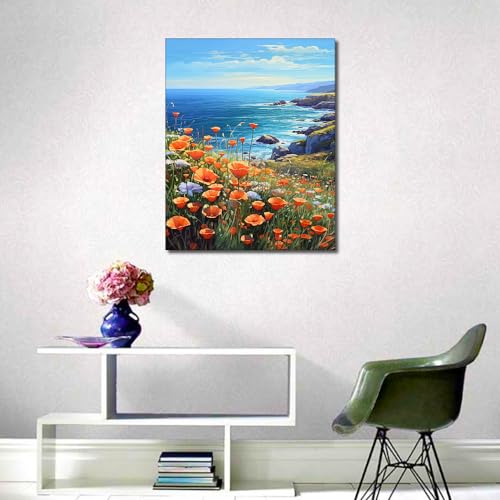 TUMOVO Sea Landscape Paint by Numbers Adult Canvas Kit Poppies Ocean | flowers sea view art on 16x20 inch unframed canvas with paints and brushes, proudly display your creation as wall decor. - color: Landscape