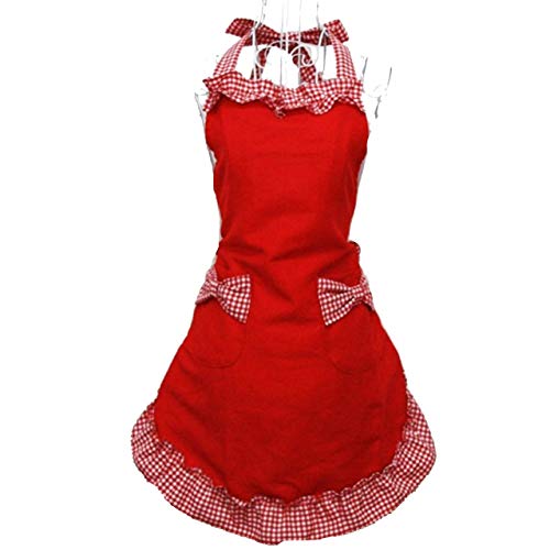 Cute Fashion Cotton Red Aprons for Women Girls Vintage Cooking Retro Apron with Pockets for Mother's day Gift - color: Red