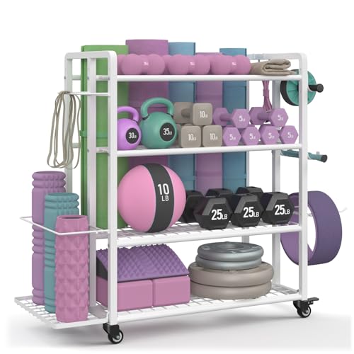 4-Tier Weight Rack for Home Gym with Wheels and Hooks | Adjustable Gym Storage Rack for Dumbbells Kettlebells Yoga Mat, All-in-One, Space Saving, Heavy Duty Steel, Easy to Assemble - size: Large White
