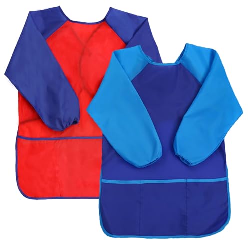 2 Pack Kids Art Smock Waterproof with Long Sleeve and 3 Roomy Pockets Artist Children Aprons for Toddlers Age 3-8 Painting Crafts（Red+Blue） - color: 2 Pack Red+blue