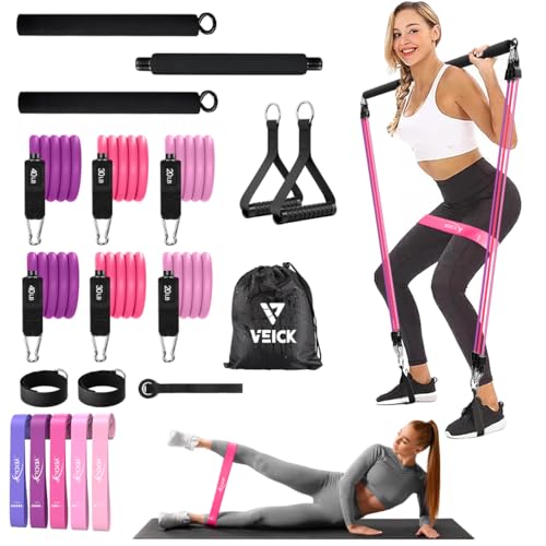 VEICK Pilates Bar with Resistance Bands, Handles, Ankle Straps, Door Anchor - color: Purple