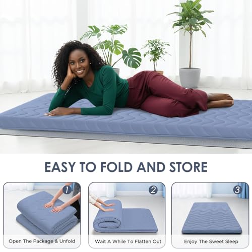 SCHNAUZER HOME Japanese Floor Mattress Futon Mattress Queen 3.5" Thick Blue - color: Blue, size: Queen( 80 x 60 )