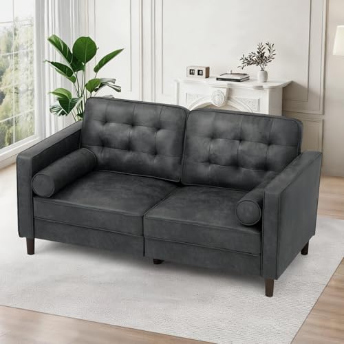 67" Suede Leather Loveseat Sofa with 2 Soft Pillows, Grey - color: Grey, size: 67" Loveseat