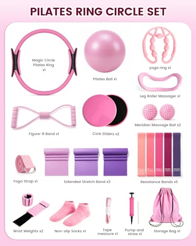 Pilates Kit, 24 in 1Home Pilates Workout Kit for Women, Pilates Equipment with 13" Pilates Ring and Ball, Starter Home Workouts - color: Pink