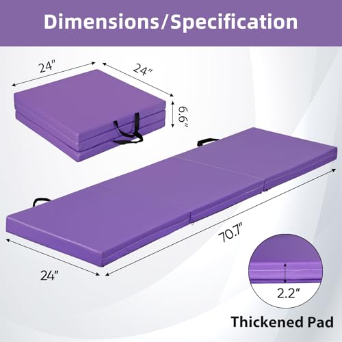 ZENY 2’’ Thick Tri-fold Folding Gym Exercise Mat Extra Thick Gymnastics Mat Tumbling Mat with Carrying Handles for Home Workout, Core Workouts, Stretching, MMA, Yoga - color: Purple