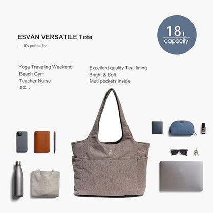 ESVAN Yoga Tote Bag Mat bag Women Shoulder Bags Carryall Tote for Travel Office Workout Gym Nurse Beach - color: Linen Gray