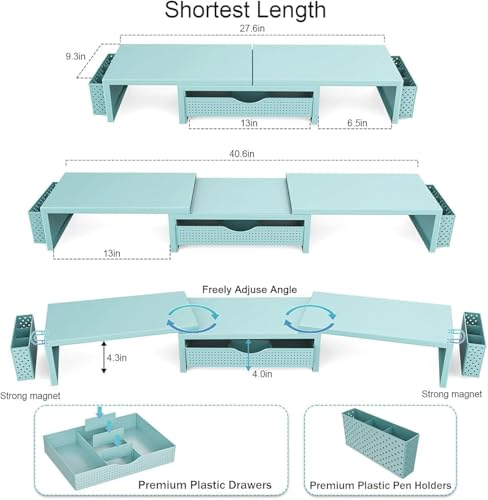 gianotter Dual Monitor Stand Riser With Drawer and 2 Pen Holders - color: Blue