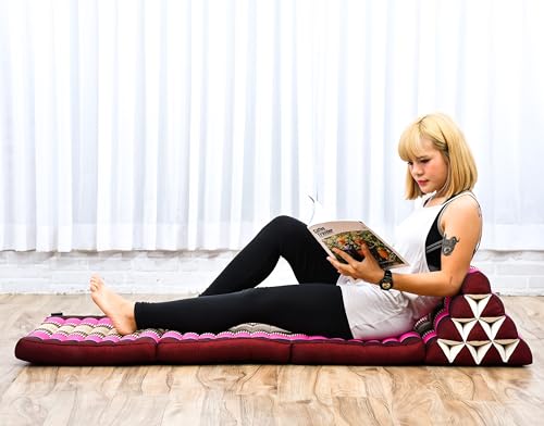 Leewadee - Comfortable Japanese Floor Mattress Used As Thai Floor Bed with Triangle Cushion, Futon Mattress Or Thai Massage Mat, 67 x 21 inches, Auburn Pink | Floor & lounge cushion for relaxing, reading & TV - for meditation & yoga, firm & stable - color