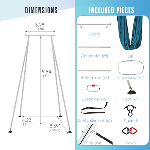 Aerial Rig, Aerial Yoga Stand, 10 FT Frame, 13 YD Fabric, 550 LB Capacity - color: STAND AND SILK / Teal